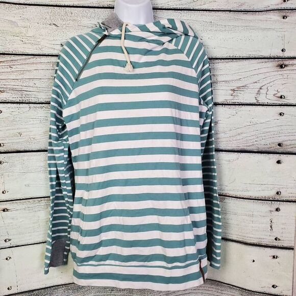 Ampersand Avenue Women’s Hoodie Green White Striped Size L - Picture 1 of 8
